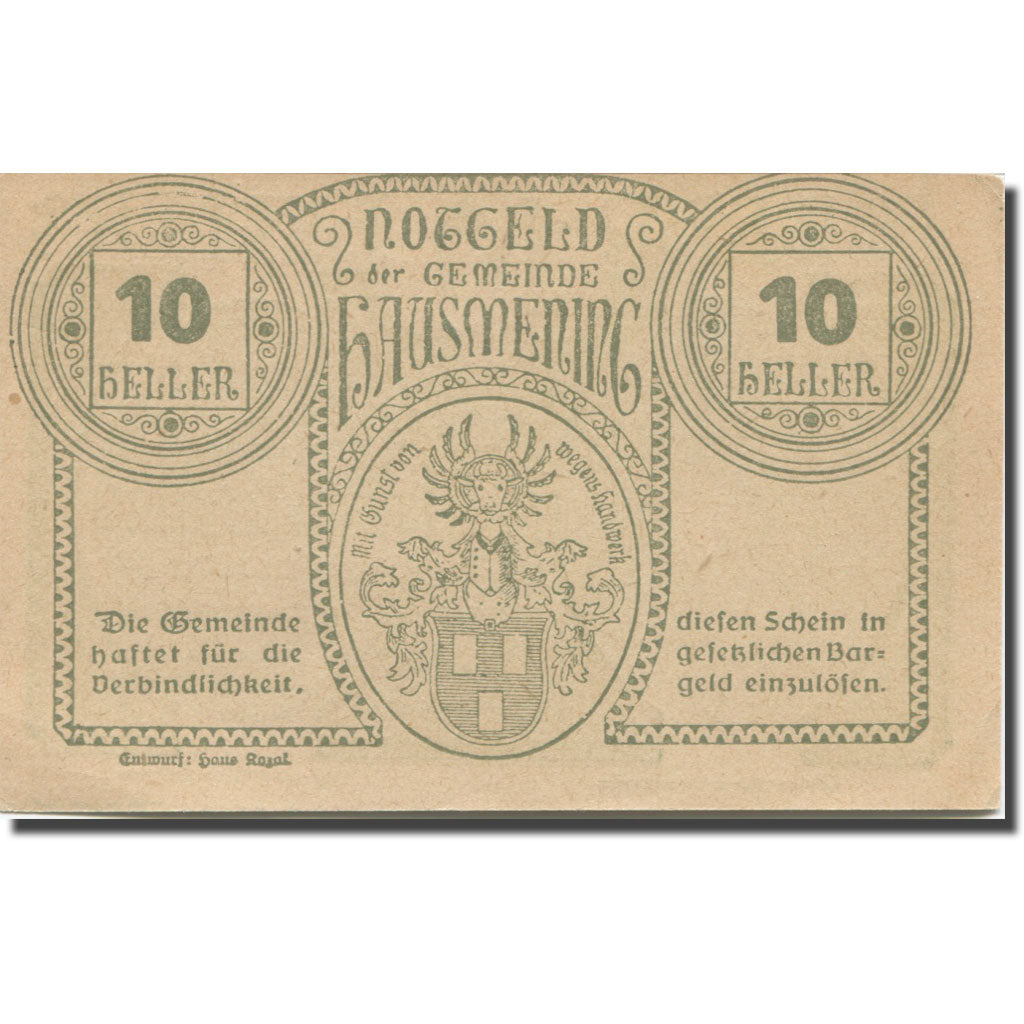 Banknote, Austria, Hausmening, 10 Heller, Blason, 1920 UNC(63) Mehl:FS 358Ia