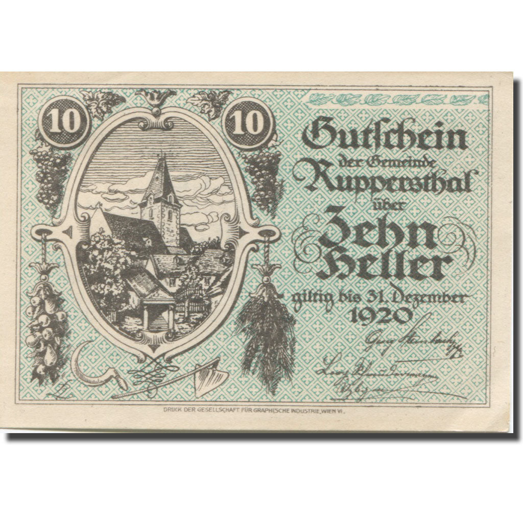 Banknote, Austria, Ruppersthal, 10 Heller, Eglise, 1920, UNC(63) Mehl:FS 854a