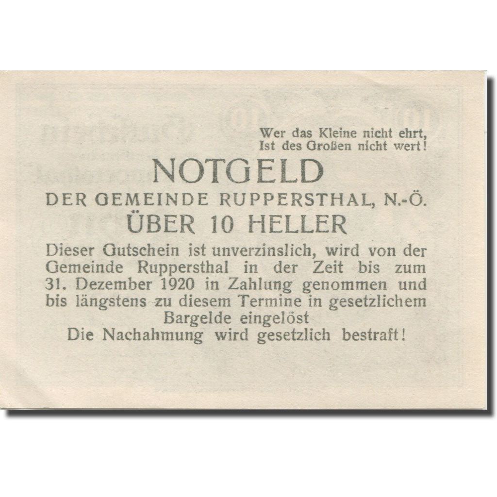 Banknote, Austria, Ruppersthal, 10 Heller, Eglise, 1920, UNC(63) Mehl:FS 854a
