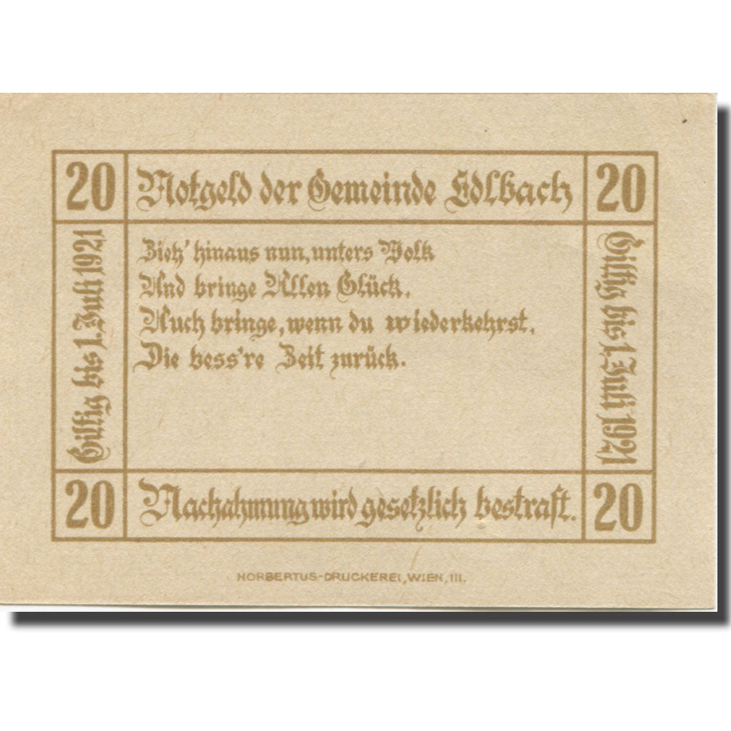 Banknote, Austria, edlbach, 20 Heller, Blason, 1921 UNC(63)  Mehl:FS 150a
