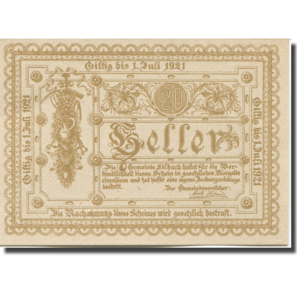 Banknote, Austria, edlbach, 20 Heller, Blason, 1921 UNC(63)  Mehl:FS 150a