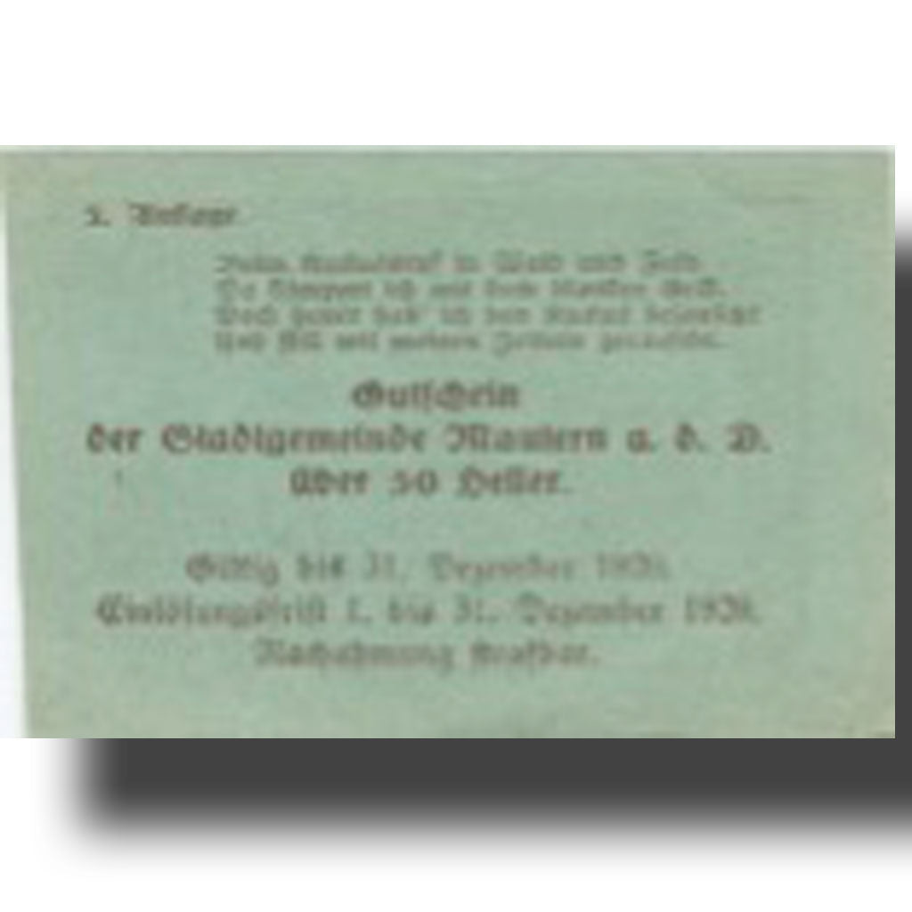 Geldschein, Österreich, Mautern, 50 Heller, village, 1920 UNZ- Mehl:FS 600IIc1