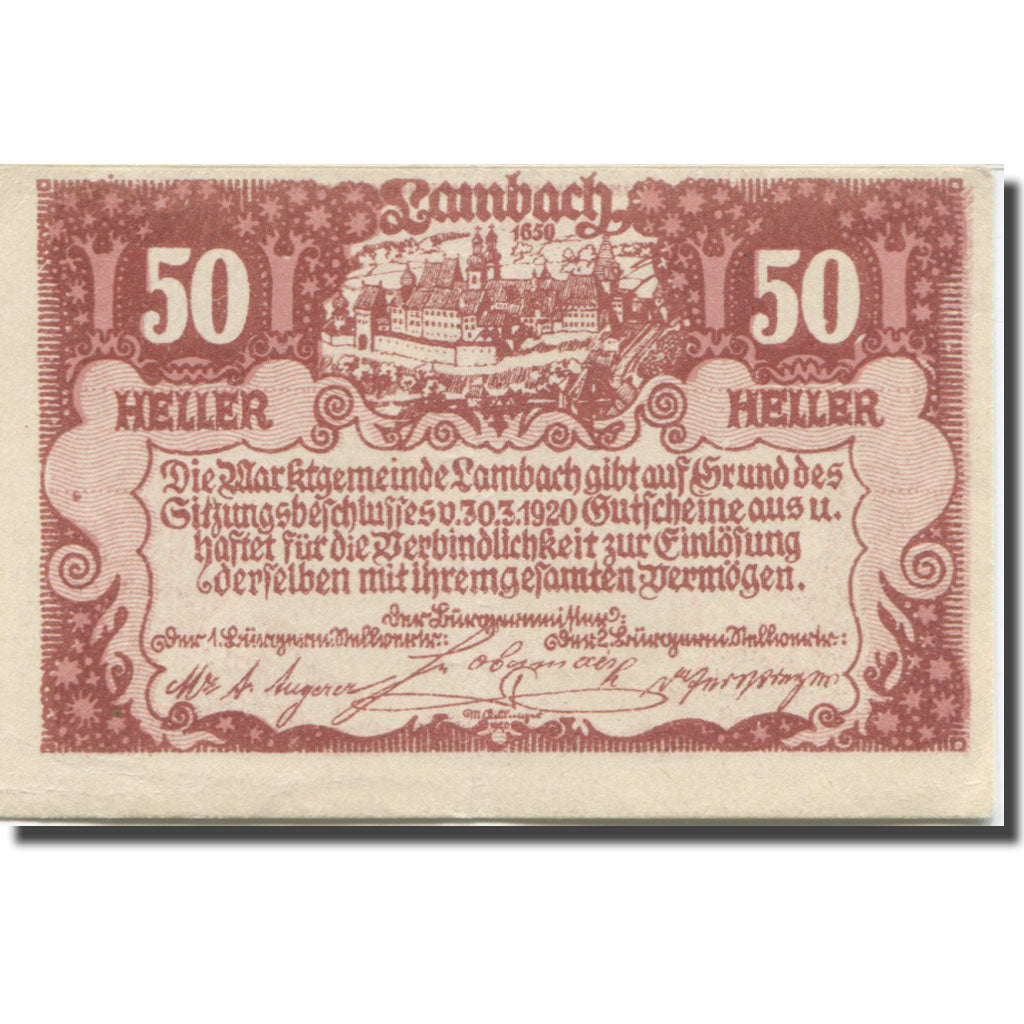 Banknote, Austria, Lambach, 50 Heller, château, 1920 AU(55-58) Mehl:FS 496a