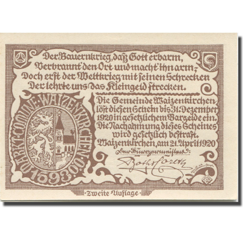 Banknote, Austria, Waizenkirchen, 50 Heller, place, 1920 UNC(63) Mehl:FS 1128a