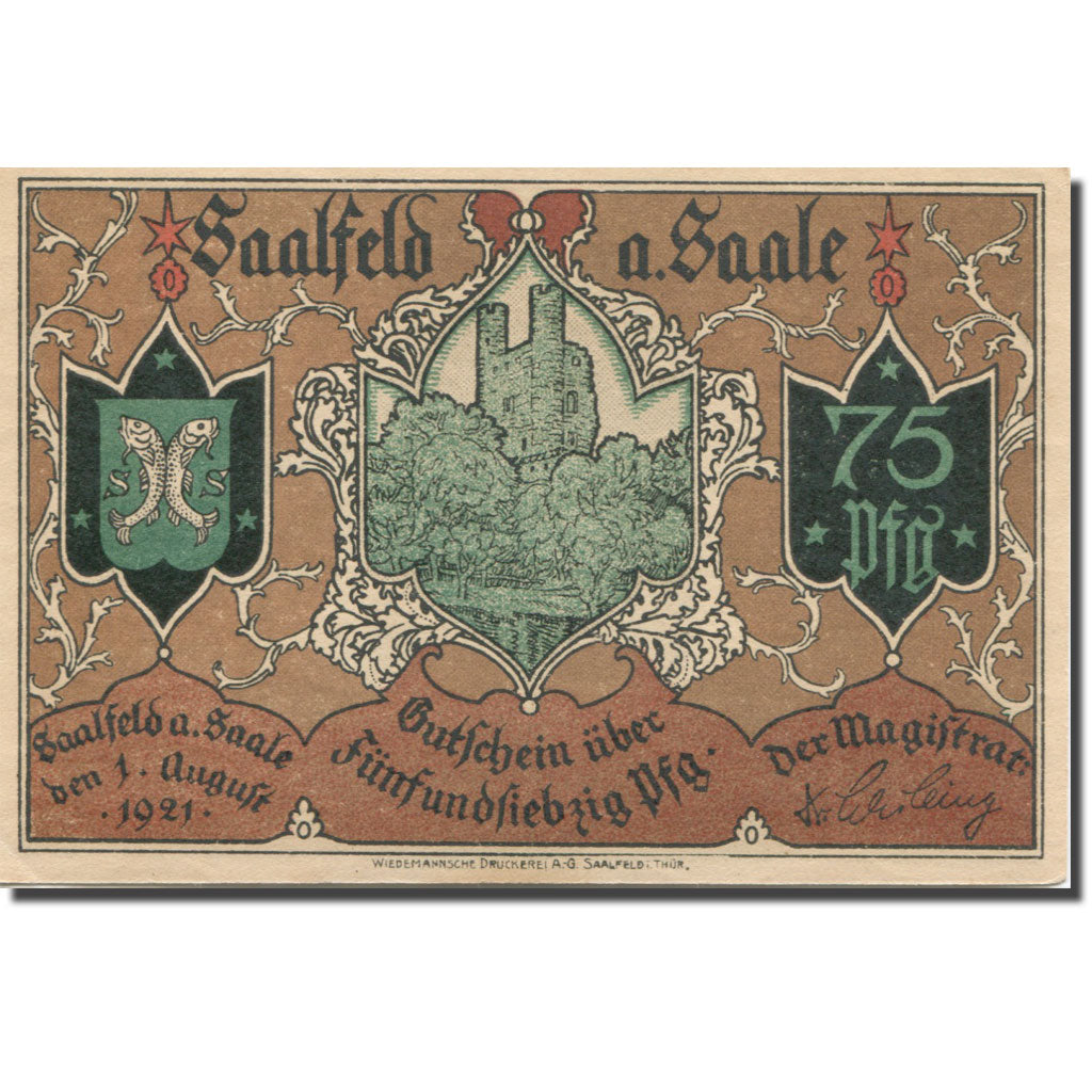 Banknote, Germany, Saalfeld, 75 Pfennig, ruine, 1921 UNC(63) Mehl:1155.1b
