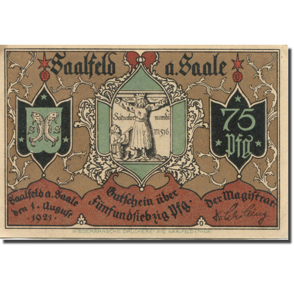 Banknote, Germany, Saalfeld, 75 Pfennig, rue, 1921 AU(55-58) Mehl:1155.5b
