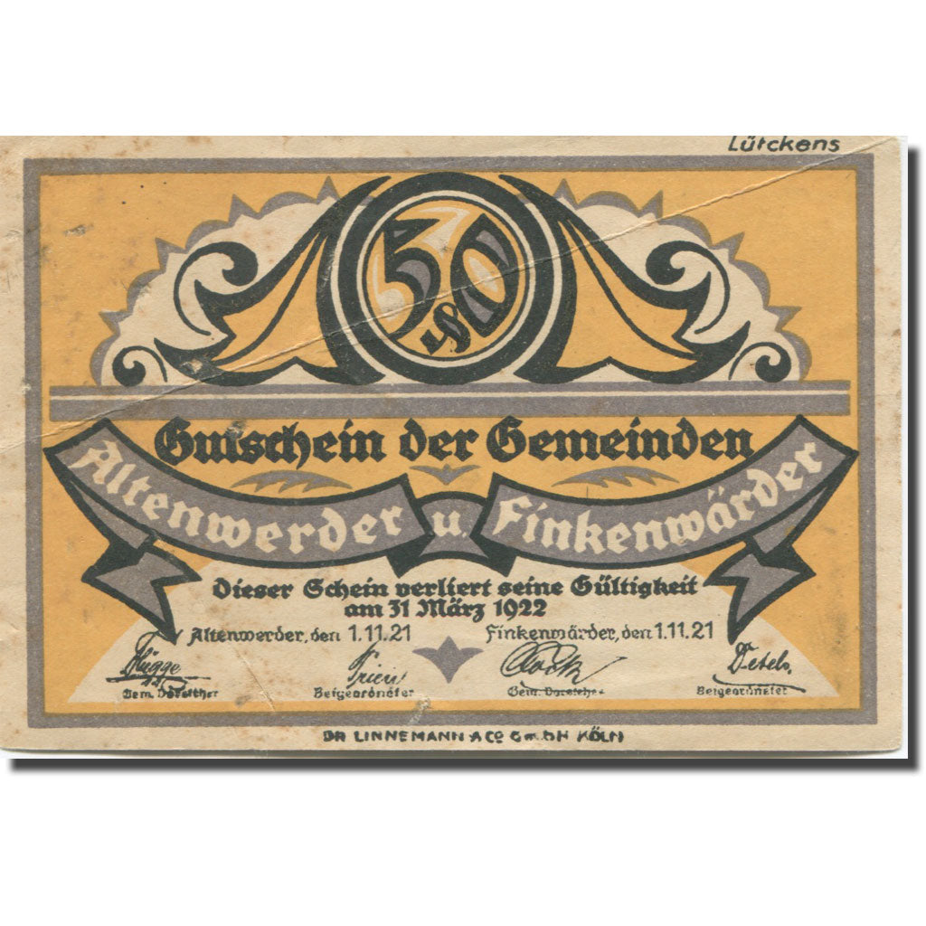 Banconote, Germania, Altenwerder, 50 Pfennig, animal, 1921 BB Mehl:25.1b