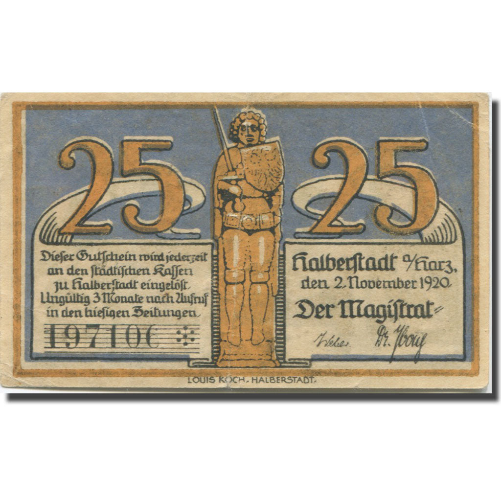Banknote, Germany, Halberstadt, 25 Pfennig, chevalier 1920 EF(40-45) Mehl:504.1a