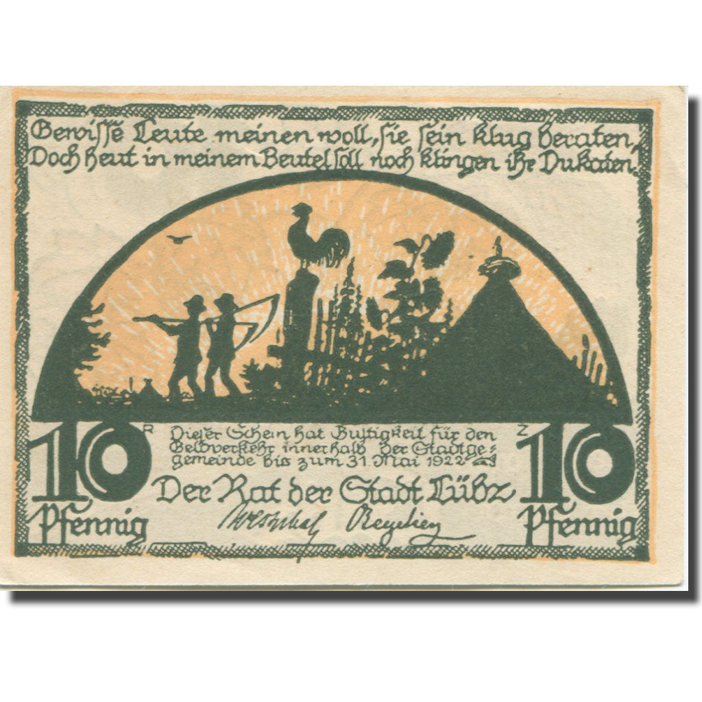 Banknote, Germany, Lübz, 10 Pfennig, champs, 1922 UNC(63) Mehl:835.1
