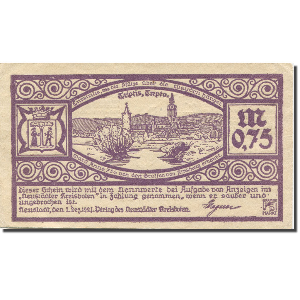 Banknote, Germany, Neustadt, 75 Pfennig, paysage, 1921, AU(55-58) Mehl:964.4