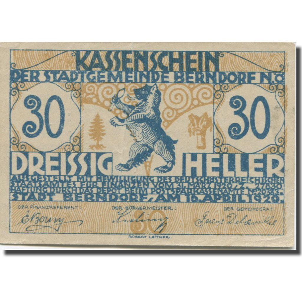 Banknote, Austria, Berndorf, 30 Heller, Lion, 1920, EF(40-45) Mehl:FS 83a