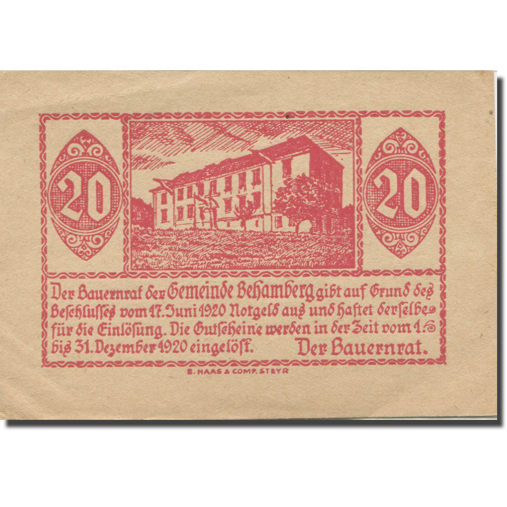 Banknote, Austria, Behamberg, 20 Heller, château, 1920 AU(55-58) Mehl:FS 80a