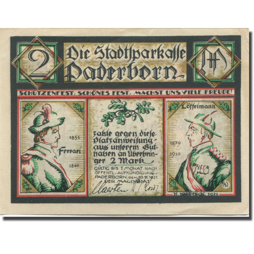 Banknote, Germany, Paderborn, 2 Mark, personnage 1921 UNC(63) Mehl:FS 1043.2