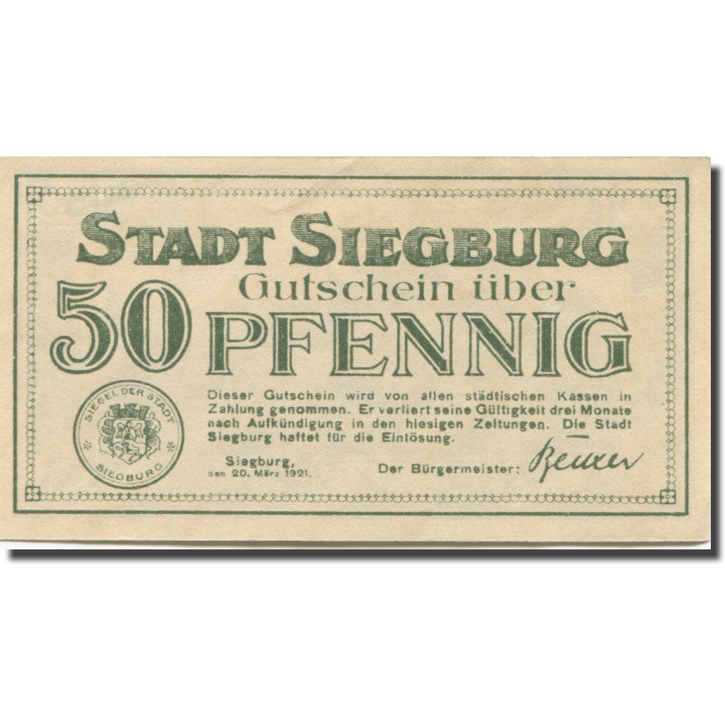 Banconote, Germania, Siegburg, 50 Pfennig, paysage, 1921 SPL Mehl:1225.3
