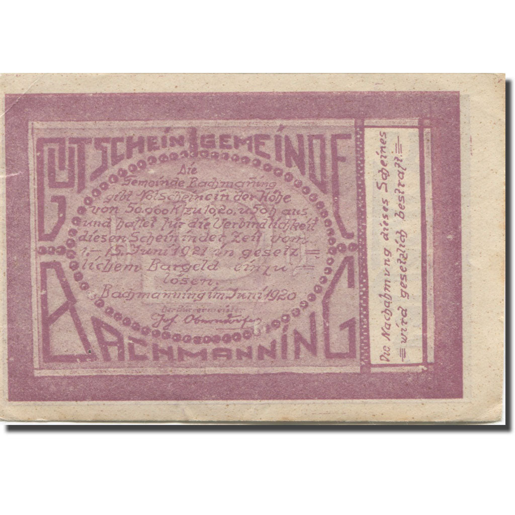 Banknote, Austria, Bachmanning, 20 Heller, champs, 1921 AU(55-58) Mehl:FS 76Ia