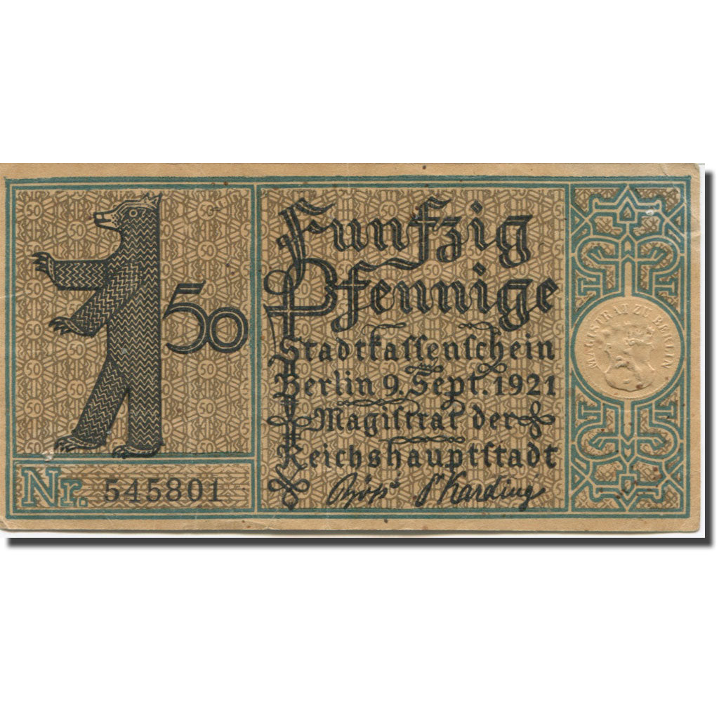 Banknote, Germany, Berlin, 50 Pfennig, ferme, 1921 EF(40-45) Mehl:FS 92.1