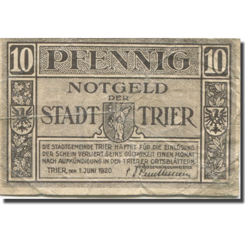 Banknote, Germany, Trier, 10 Pfennig, Blason, 1920 VF(20-25) Mehl:T27.6a