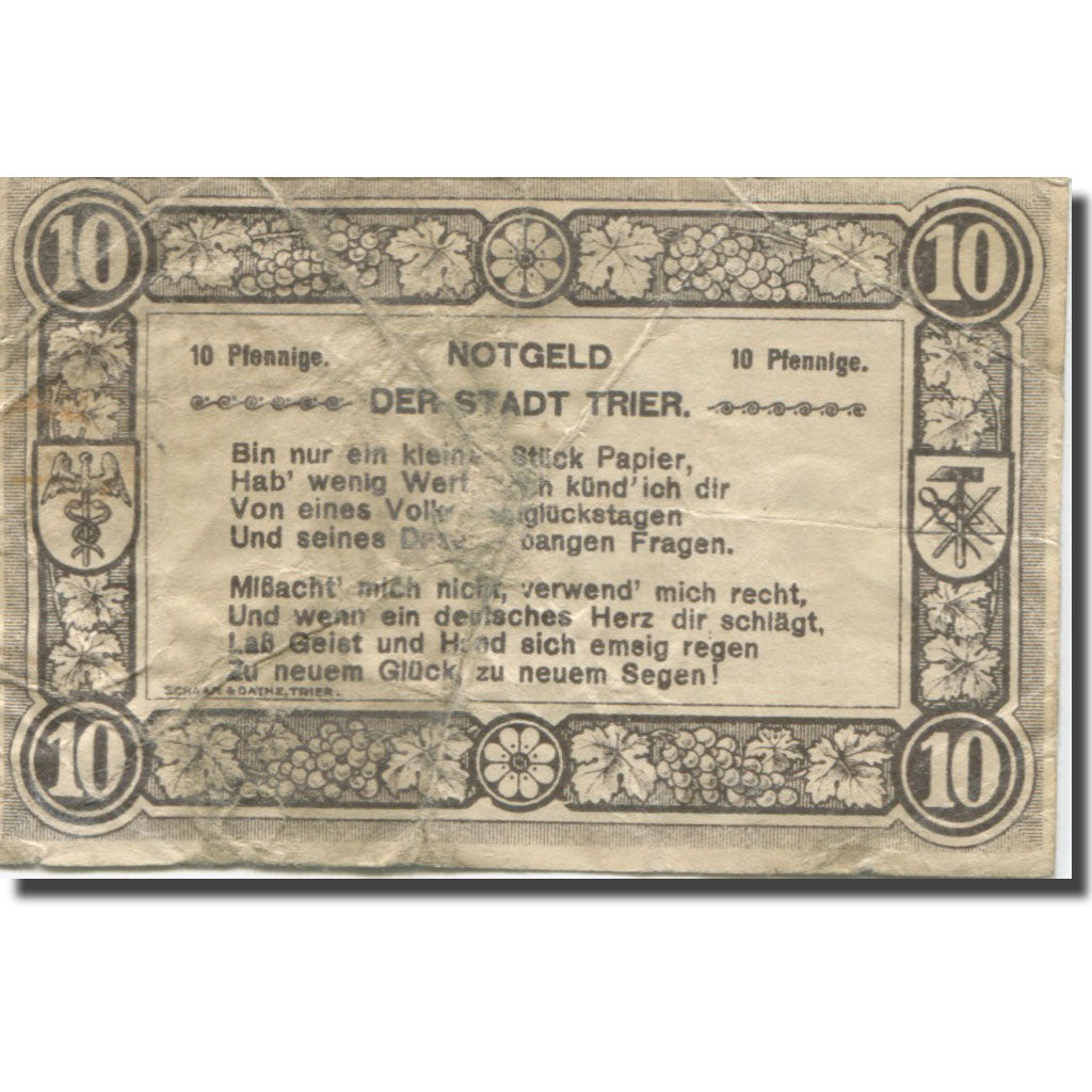 Banknote, Germany, Trier, 10 Pfennig, Blason, 1920 VF(20-25) Mehl:T27.6a