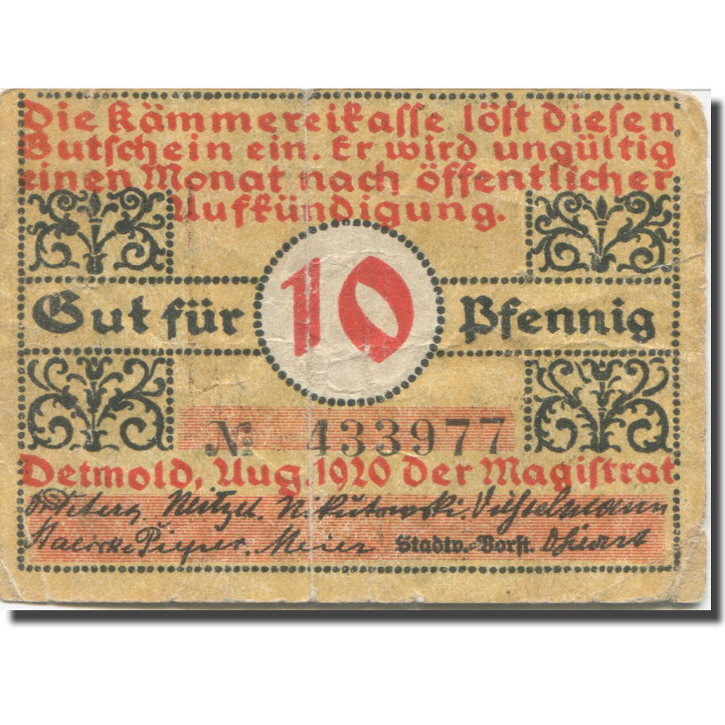 Banknote, Germany, Detmold, 10 Pfennig, château, 1920, VF(20-25), Mehl:268.1a