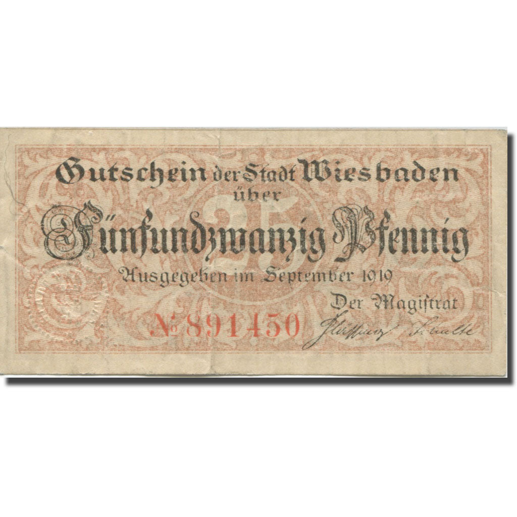 Banknote, Germany, Wiesbaden, 25 Pfennig, Blason, 1919, EF(40-45), Mehl:W41.8a