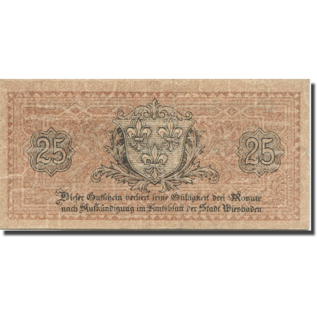 Banknote, Germany, Wiesbaden, 25 Pfennig, Blason, 1919, EF(40-45), Mehl:W41.8a