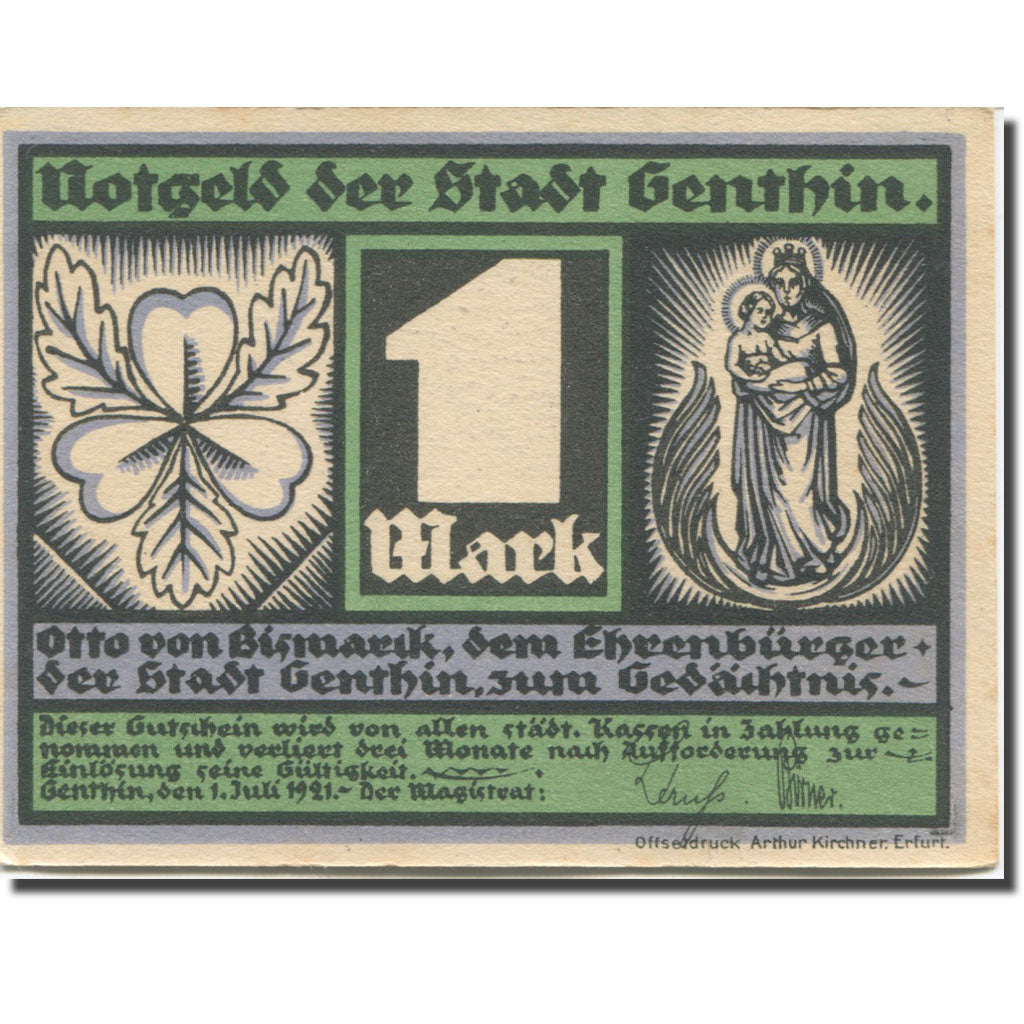 Banknote, Germany, Genthin, 1 Mark, personnage, 1921, AU(55-58) Mehl:419.2