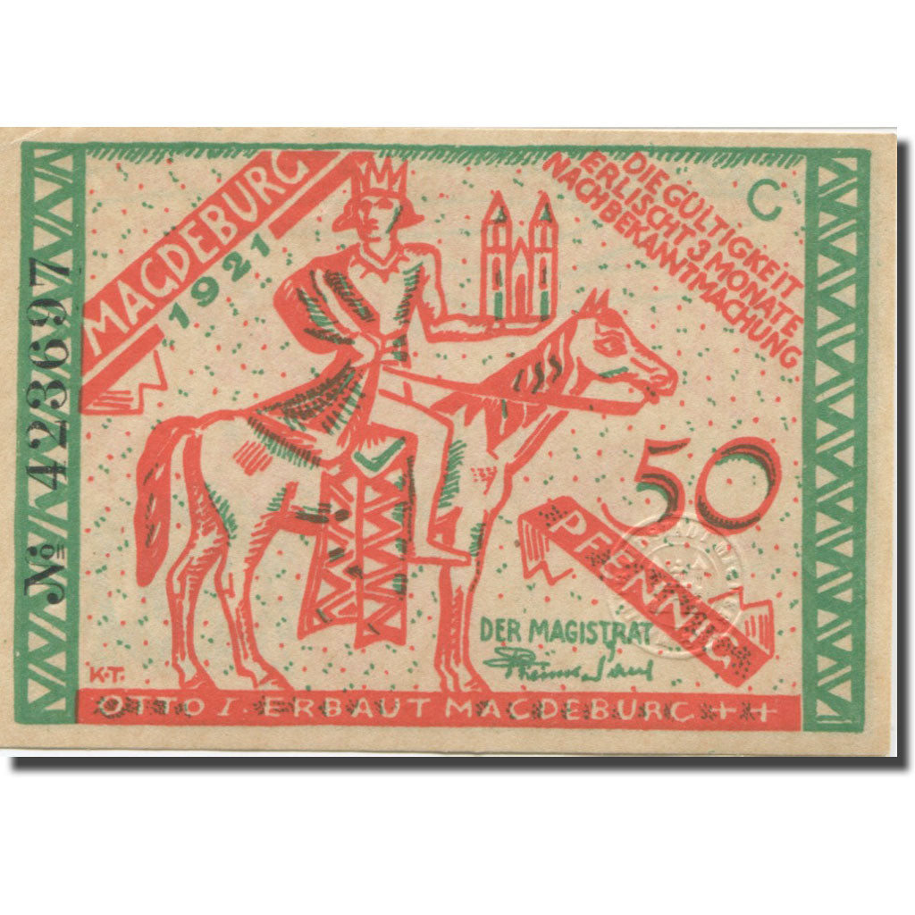 Banknote, Germany, Magdeburg, 50 Pfennig, chevalier, 1921, UNC(63), Mehl:857.1