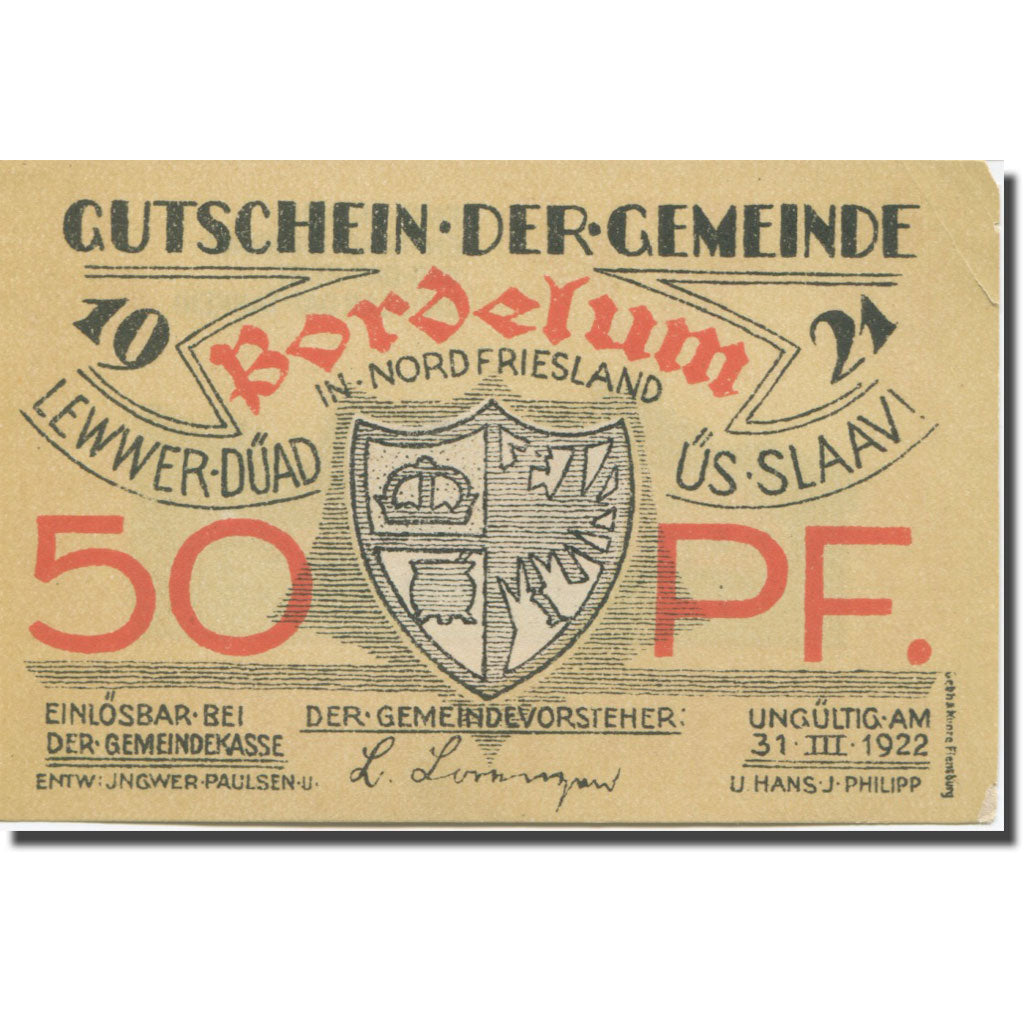 Banknote, Germany, Bordelum, 50 Pfennig, Blason 4, 1922, UNC(63) Mehl:143.1