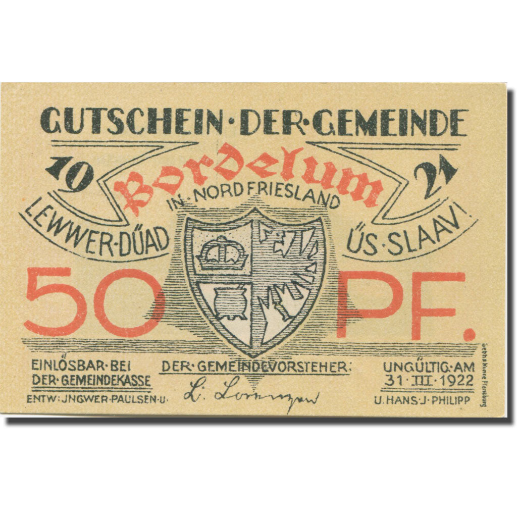 Billet, Allemagne, Bordelum, 50 Pfennig, Blason 6, 1922 SPL Mehl:143.1