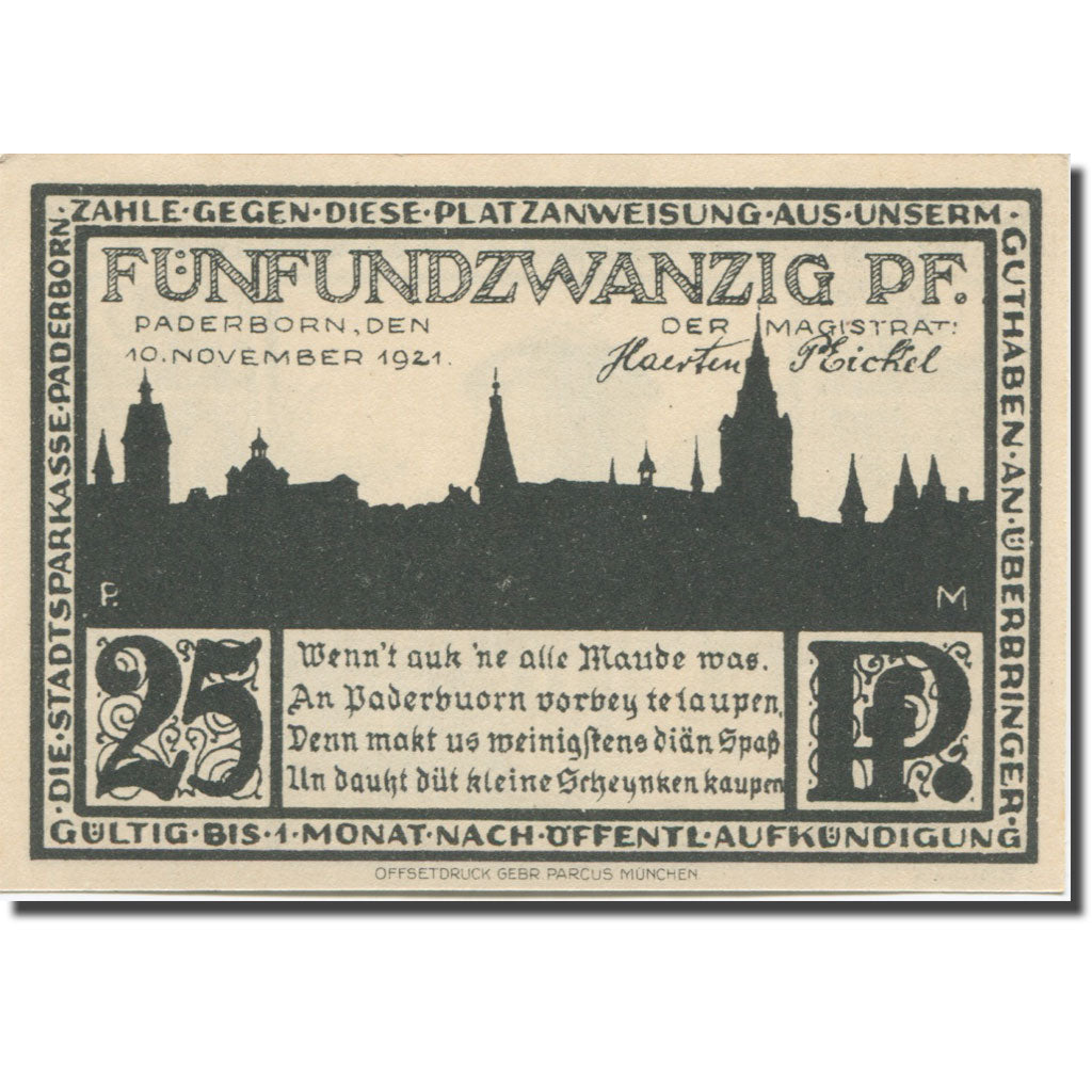 Banknote, Germany, Paderborn, 25 Pfennig, Maison, 1921 UNC(63) Mehl:1043.4