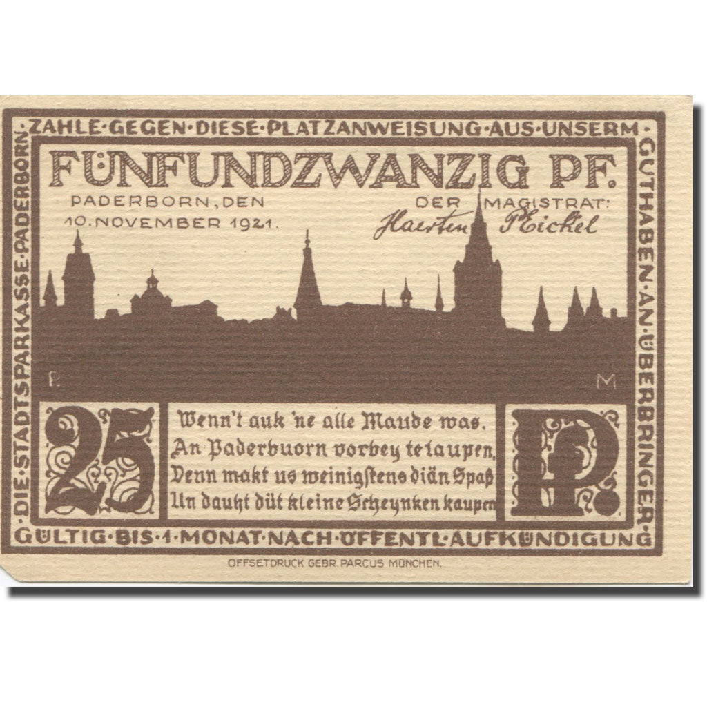 Billet, Allemagne, Paderborn, 25 Pfennig, ruelle, 1921 SUP Mehl:1043.5