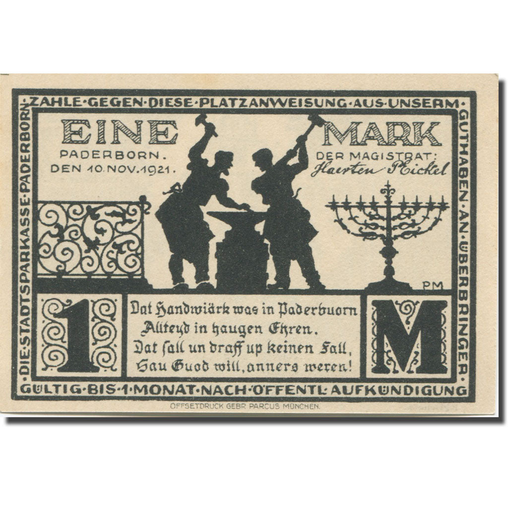Banknote, Germany, Paderborn, 1 Mark, maison 1, 1921 UNC(63) Mehl:1043.4
