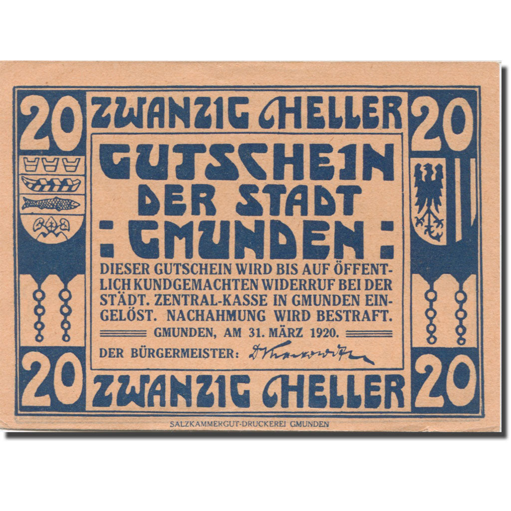 Banknote, Austria, Gmunden, 20 Heller, Blason, 1920 UNC(63) Mehl:FS 240IIa