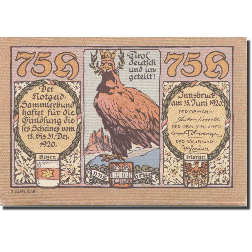 Banknote, Austria, Innsbruck, 75 Heller, aigle, 1920 UNC(63) Mehl:FS 412Ia