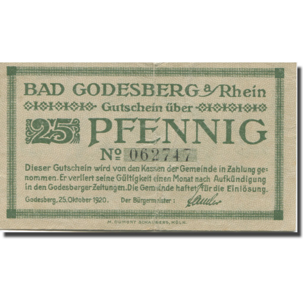 Banknote, Germany, Godesberg, 25 Pfennig, château, 1920, EF(40-45) Mehl:G 22.1b
