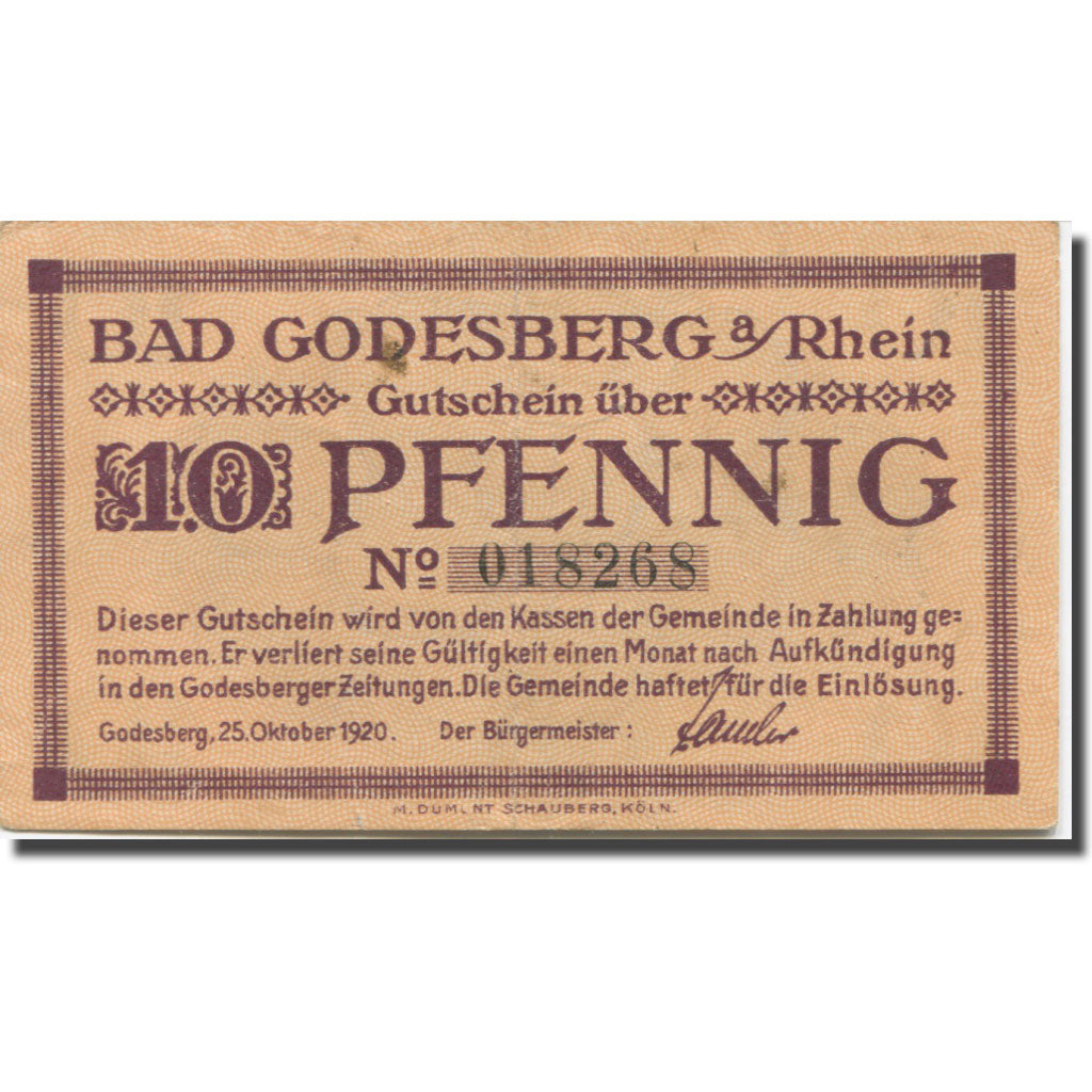 Nota, Alemanha, Godesberg, 10 Pfennig, paysage, 1920 AU(55-58) Mehl:G 22.1a