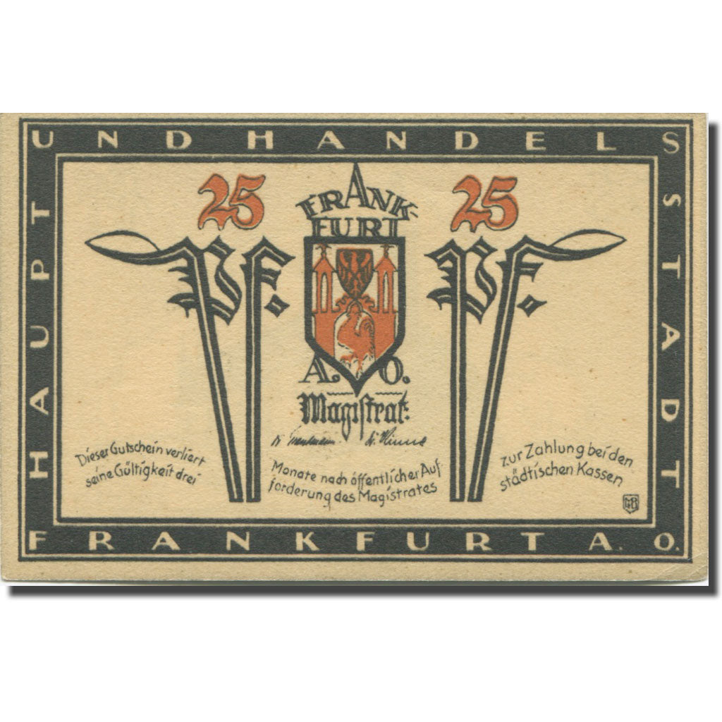 Banknote, Germany, Frankfurt, 25 Pfennig, Blason, 1921, UNC(63), Mehl:377.1