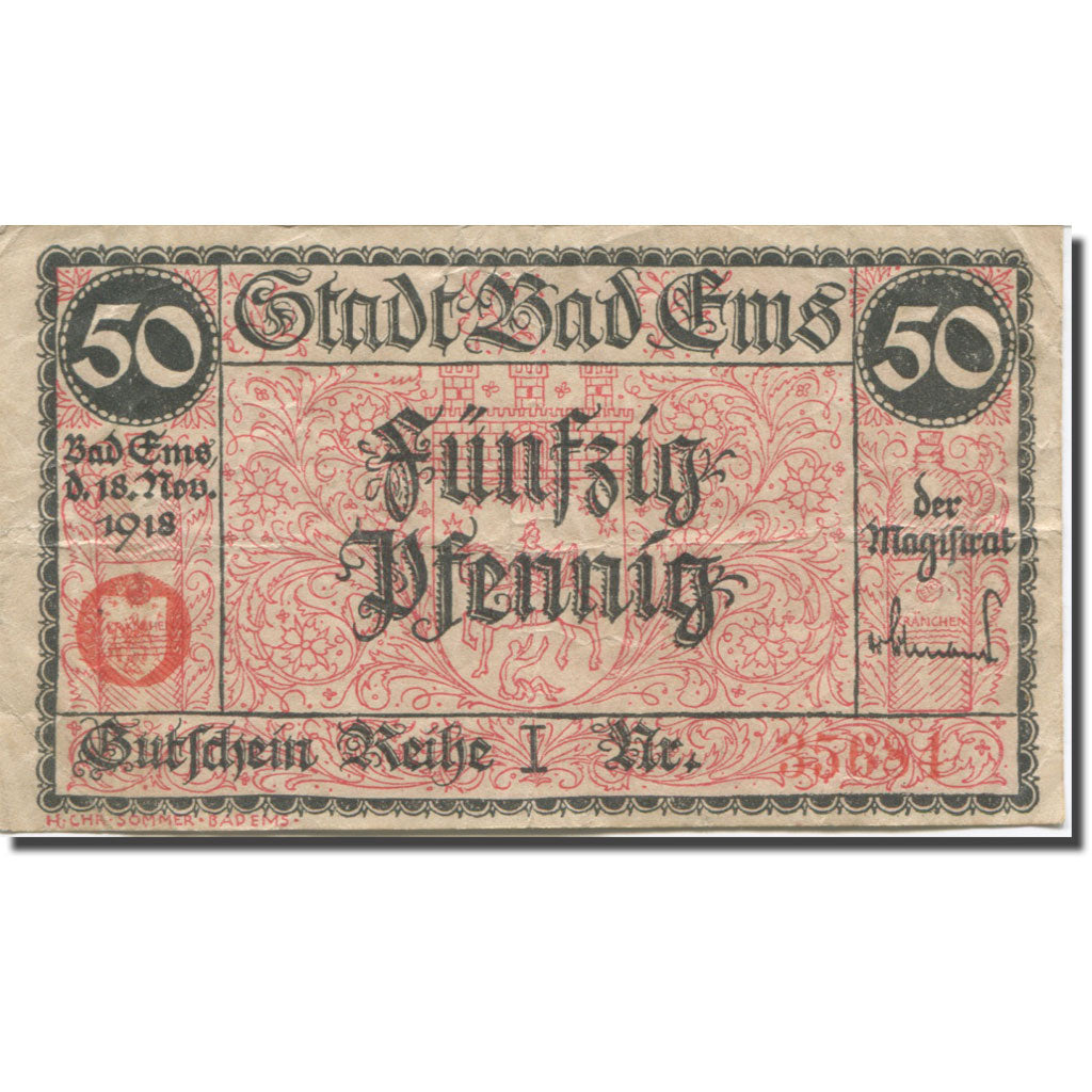 Banknote, Germany, Bad Ems, 50 Pfennig, paysage, 1920 VF(20-25) Mehl:E19.4b