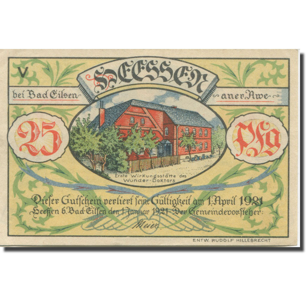 Banknote, Germany, Heessen, 25 Pfennig, Maison, 1921 UNC(63) Mehl:587.1