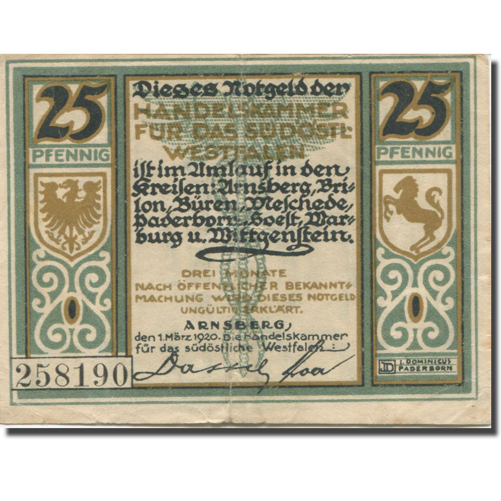Banknote, Germany, Paderborn, 25 Pfennig, Blason, 1920 EF(40-45) Mehl:A23.1