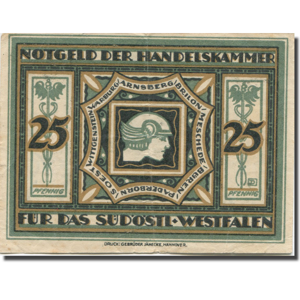 Banknote, Germany, Paderborn, 25 Pfennig, Blason, 1920 EF(40-45) Mehl:A23.1