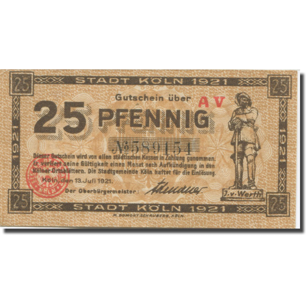 Banknote, Germany, Köln, 25 Pfennig, chevalier, 1921 AU(55-58) Mehl:K30.16b