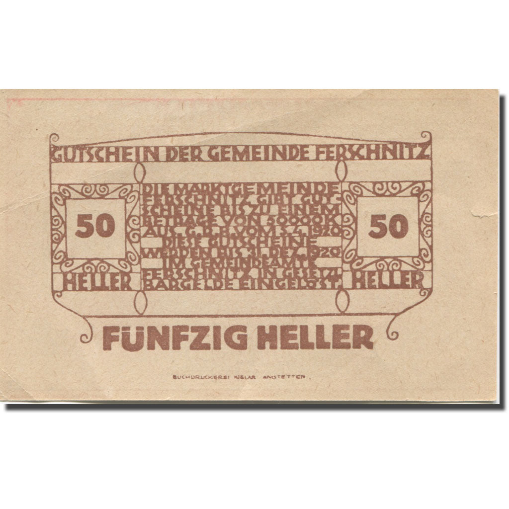 Billet, Autriche, Ferschnitz, 50 Heller, Eglise 1920-12-31, SUP, Mehl:FS 198a