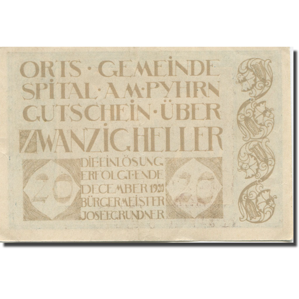 Banknote, Austria, Spital, 20 Heller, Usine, 1920, EF(40-45), Mehl:FS 1007IIa
