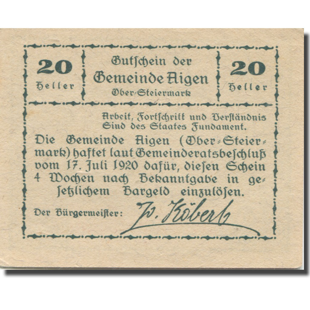 Banknote, Austria, Aigen, 20 Heller, cheval 1920-07-17, UNC(63), Mehl:FS 14b