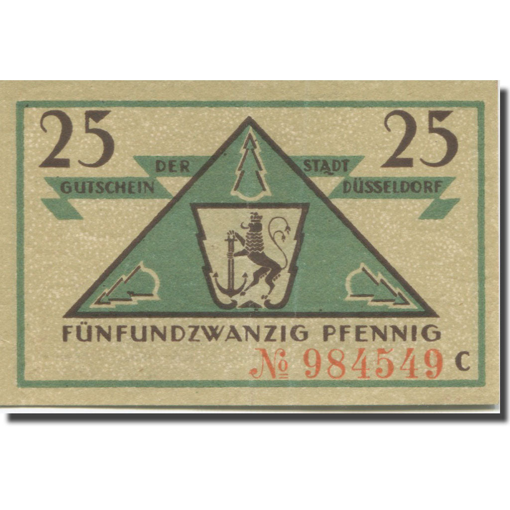 Banknote, Germany, Düsseldorf, 25 Pfennig, Blason, 1919 AU(55-58) Mehl:D35.4a