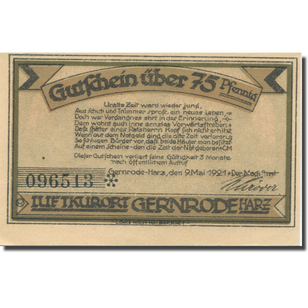 Billet, Allemagne, Gernrode-Harz, 75 Pfennig, mairie, 1921 SPL Mehl:FS 423.2a