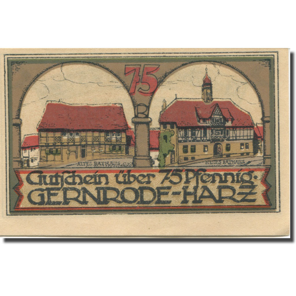 Billet, Allemagne, Gernrode-Harz, 75 Pfennig, mairie, 1921 SPL Mehl:FS 423.2a