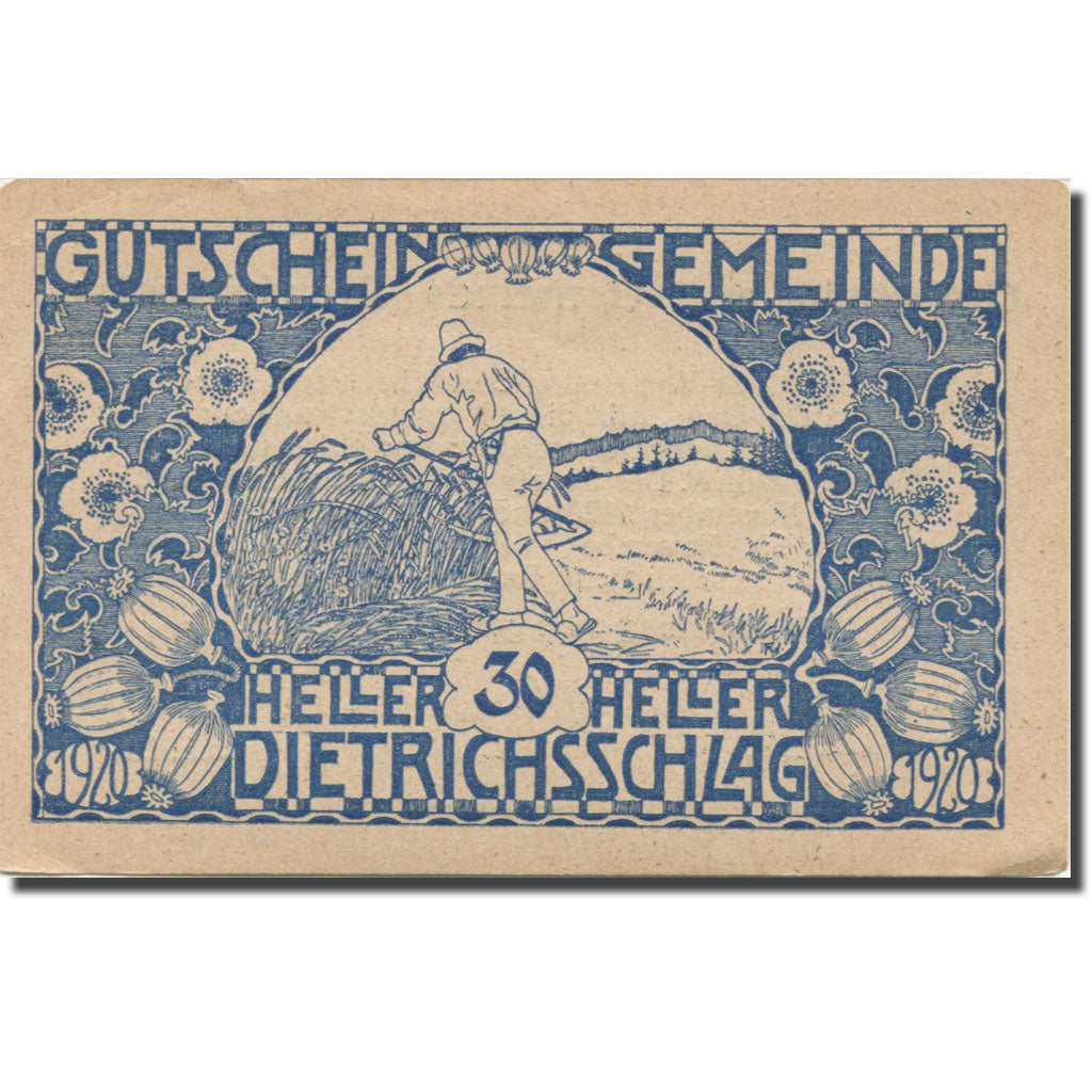 Banknote, Austria, Dietrichsschlag, 30 Heller, champs, 1920 AU(55-58) Mehl:124a