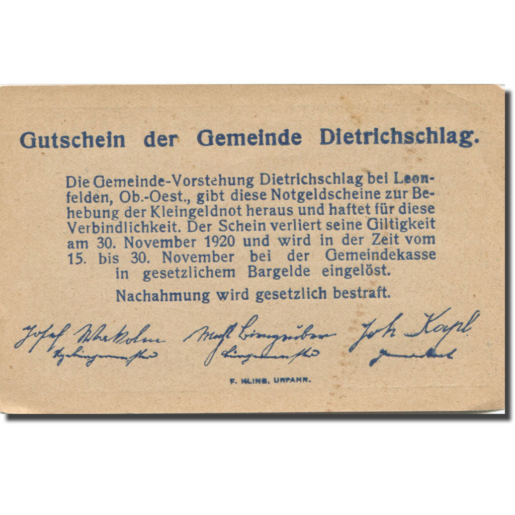 Banknote, Austria, Dietrichsschlag, 30 Heller, champs, 1920 AU(55-58) Mehl:124a